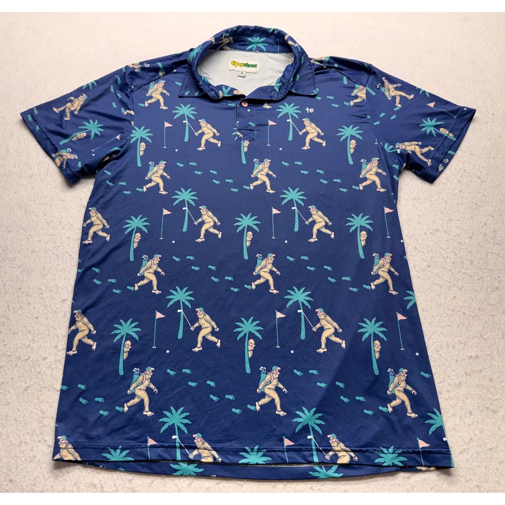 Tipsy Elves Mens Sasquatch Bigfoot Golf Polo Shirt Navy Blue Size M Palm Trees